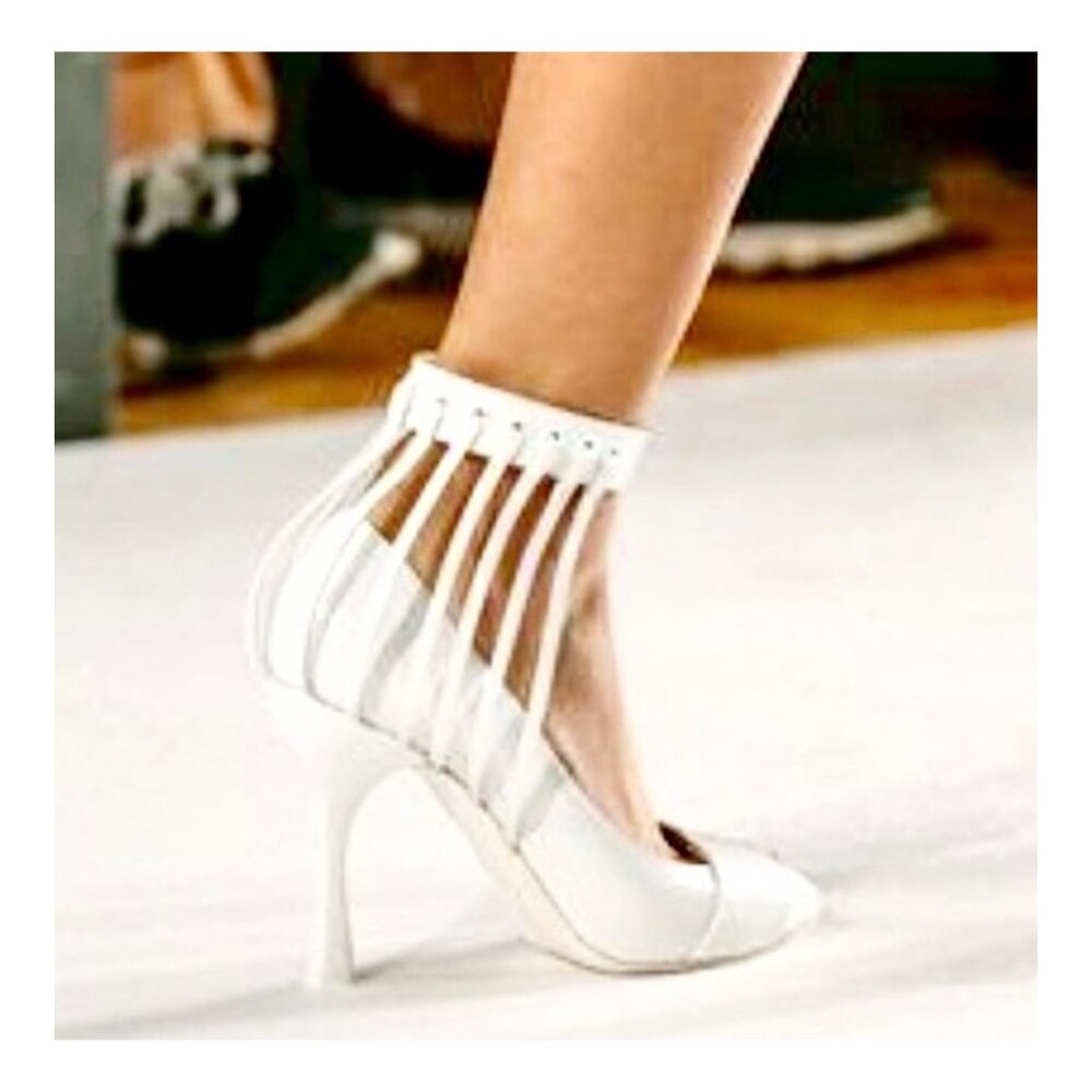 MISSONI Runway White Leather Caged Peep Toe Pumps Heels Ankle Strap NEW FLAWED